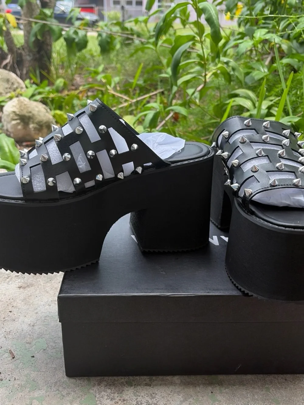 Black Spike-Embellished Platform Slide Sandals